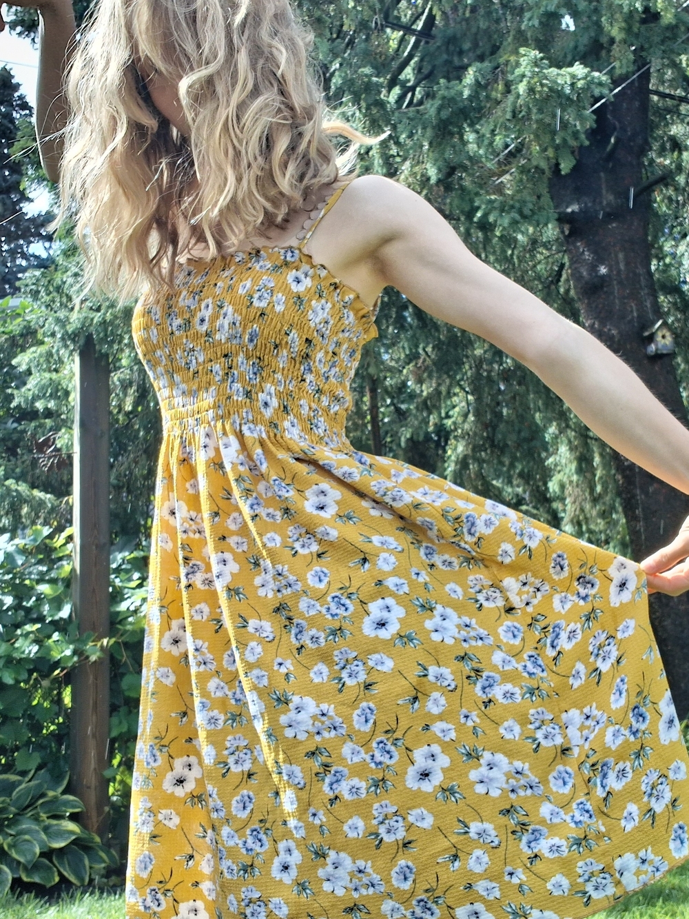 Yellow Floral Smocked Midi Dress with Adjustable Straps